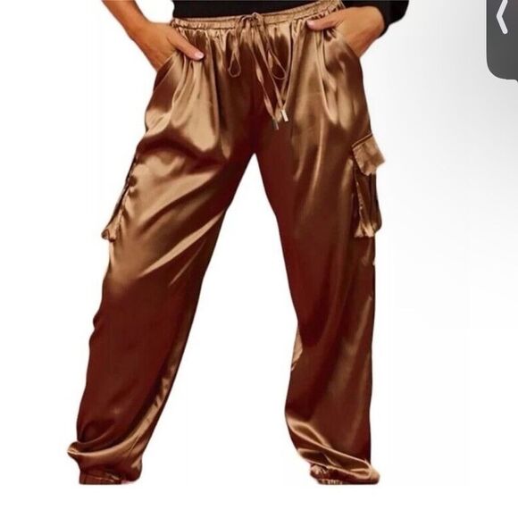 RACHEL ZOE | Brown Satin Look Drawstring Waist Cargo Pants Women’s Size Small - Picture 1 of 9